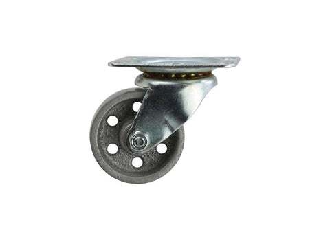 Side view of a 2 Inch Cast Iron Swivel Plate Caster with Silver Wheel and Heavy Duty Ball Bearing Mount 125 lb Load Capacity Per Caster.