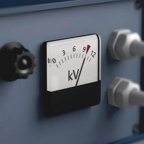 Close-up of voltage meter displaying up to 12 kV with knobs, indicating high voltage testing equipment.