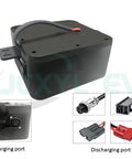 Heavy Duty Tough As Nails 24V Lithium Wheelchair Battery Replacement For Mobility Scooters 10Ah 12Ah showing charging and discharging ports.