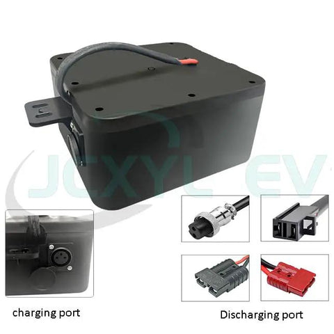 Heavy Duty Tough As Nails 24V Lithium Wheelchair Battery Replacement For Mobility Scooters 10Ah 12Ah showing charging and discharging ports.