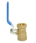 Rock Solid Brass Ball Valve With Blue Lever Handle Designed For Lightning Fast Quarter Turn Plumbing Flow Control And A Tough As Nails Corrosion Resistant Female Thread Setup side view showing blue lever and female threaded port.