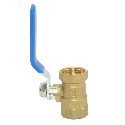 Rock Solid Brass Ball Valve With Blue Lever Handle Designed For Lightning Fast Quarter Turn Plumbing Flow Control And A Tough As Nails Corrosion Resistant Female Thread Setup side view showing blue lever and female threaded port.