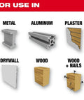 Milwaukee bi-metal hole saw, 3-3/4 in, black; uses shown for metal, aluminum, plaster, drywall, wood, wood with nails.
