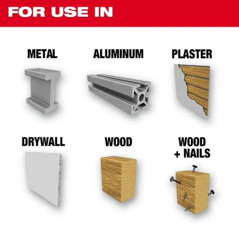 Milwaukee bi-metal hole saw, 3-3/4 in, black; uses shown for metal, aluminum, plaster, drywall, wood, wood with nails.