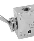 "Go-To Silver Tone Air Pneumatic 2 Position 5 Way Toggle Switch Valve TAC2-41V, durable metal knob, compact size 1.7x1.3x0.6 inches"