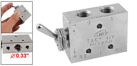 "Go-To Silver Tone Air Pneumatic 2 Position 5 Way Toggle Switch Valve TAC2-41V, durable metal knob, compact size 1.7x1.3x0.6 inches"