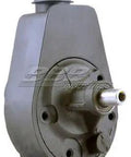 Remanufactured Power Steering Pump With Included Reservoir Direct Bolt On Swap For Most Domestic Vehicles, gray metal housing.