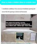 Step-by-step guide on installing a hidden door in ceramic tiles with dimensions for access panel.