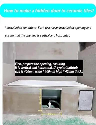 Installation guide for heavy duty concealed door hinges in ceramic tiles showing required opening dimensions for hidden access.