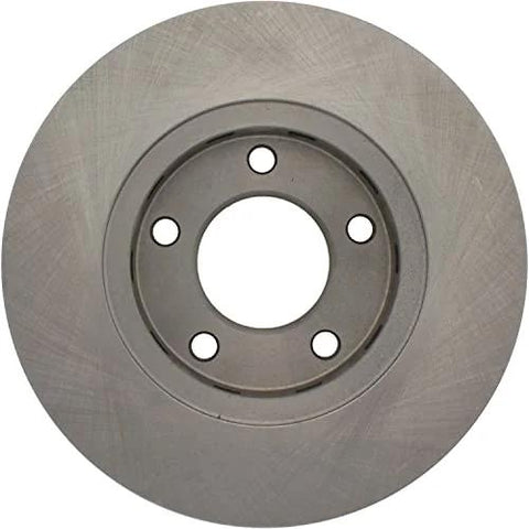 Front brake rotor disc, gray steel finish, five lug holes and central bore.