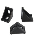 Black 3030 right angle corner brackets kit with M6 screws and T nuts for 3030 aluminum extrusion, showing three brackets