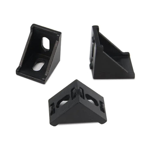 Black 3030 right angle corner brackets kit with M6 screws and T nuts for 3030 aluminum extrusion, showing three brackets