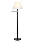 Swing Arm Floor Lamp With Fabric Empire Shade In Blackened Bronze White, 62 Inch Tall Adjustable Reading Light For Sofa Or Armchair