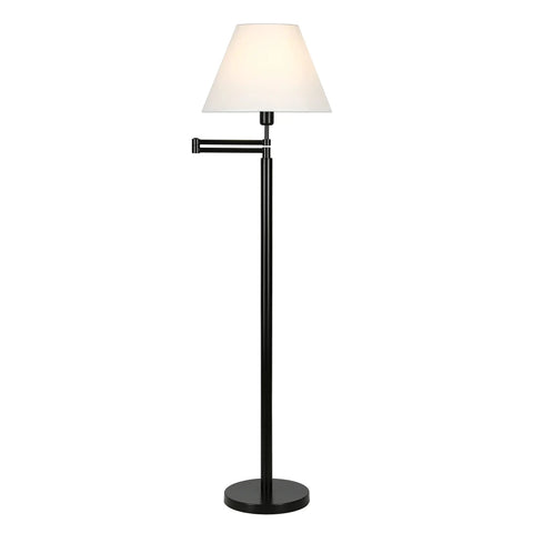 Swing Arm Floor Lamp With Fabric Empire Shade In Blackened Bronze White, 62 Inch Tall Adjustable Reading Light For Sofa Or Armchair