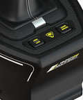 VelocityOne Multi-Shift sim racing shifter with handbrake, black with carbon-fiber texture and yellow buttons