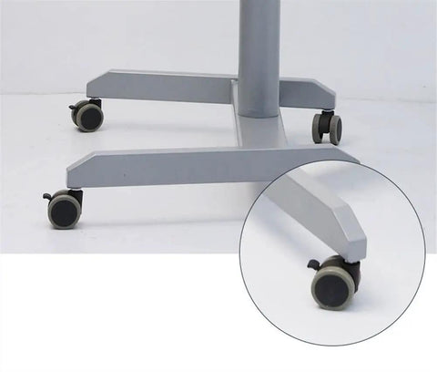 Height Adjustable Mobile Standing Desk With Smooth Roll Wheels Built Tough Rust Resistant Steel, caster wheel close-up.