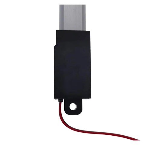 Close-up of 12V Micro Electric Linear Actuator Kit With 30N 60N 100N 150N Torque showing black housing and red wire connection