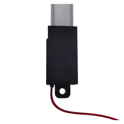Heavy Duty Electric Linear Actuator Delivers Smooth Push Pull Action Powered By A Trusty DC 12V Motor In 30mm or 50mm lengths, showing top view of the actuator with black casing and red wire.