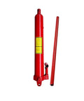 Heavy Duty 12 Ton Hydraulic Long Ram Jack With Handle For Engine Lifts And Cranes, shown in a bright red finish with handle attachment.