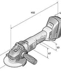 Compact 18V Brushless Cordless Angle Grinder With 125 MM Disc And Rock Solid Dust Resistant Design For Workhorse Cutting And Heavy Duty Grinding Tasks Tool Body Only shown from above with dimensions.