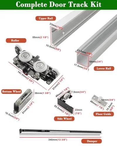 Sliding Barn Door Hardware Kit With Soft Close Mirrored Trackless System components including rails, wheels, and floor guide.
