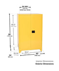 No Bull 90 Gallon Tower Safety Cabinet With Dual Doors And Two Rock Solid Shelves For Flammable Liquid Storage Featuring Forklift Ready Rolling Legs Crafted From Heavy 18 Gauge Steel With Safe Grounding In Bright Yellow Finish dimensions diagram