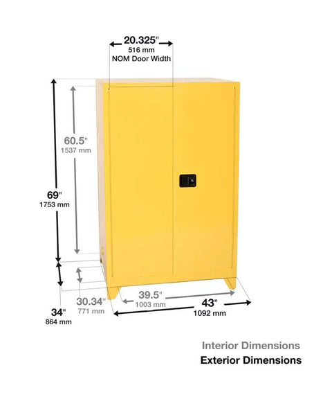 No Bull 90 Gallon Tower Safety Cabinet With Dual Doors And Two Rock Solid Shelves For Flammable Liquid Storage Featuring Forklift Ready Rolling Legs Crafted From Heavy 18 Gauge Steel With Safe Grounding In Bright Yellow Finish dimensions diagram