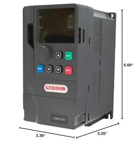 Front view of Variable Frequency Drive 220V 2.2KW 3HP 10A Inverter for spindle motors, black housing, dimensions indicated