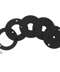 Premium Replacement Insert Rings For Aluminum Router Table Plates Set Of 5 black rings with varying center holes, ideal for woodworking.