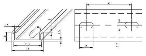 Diagram of 5 Pack 35mm Wide Slotted Aluminum DIN Rail Mounting Bar 1 Meter Beefy Heavy Duty Build With 6.2x15 mm Slots