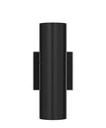 Front view of Two Pack Outdoor Wall Light With Slick Integrated LED Cylinder Up Down Lighting, matte black aluminum fixture