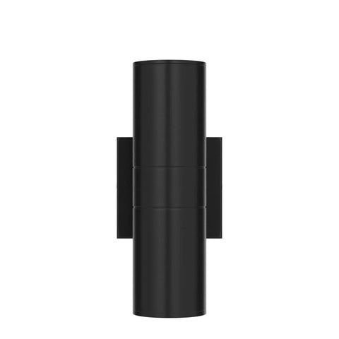 Front view of Two Pack Outdoor Wall Light With Slick Integrated LED Cylinder Up Down Lighting, matte black aluminum fixture