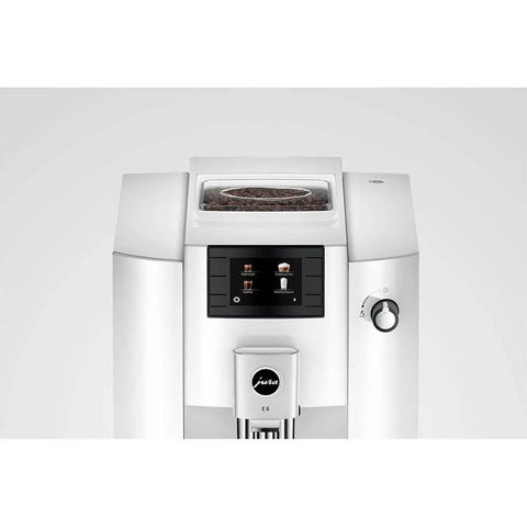 No Sweat Automatic Coffee Maker With Smart Touchscreen And Adjustable Steaming Settings Piano White Finish top view with integrated grinder.
