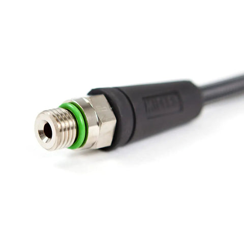 Close-up of Graphite Carbon Miflex High Pressure Scuba Hose 6 Inch, 7/16 Inch 20 Male with green Viton O Ring and strain relief