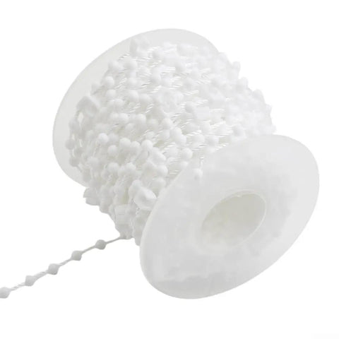 Sturdy White Plastic Beaded Pull Chain 10 Meter Replacement Cord With Bottom Weight Link Clip Connector For Vertical Blinds Shutter Repair Gear, close-up on spool.