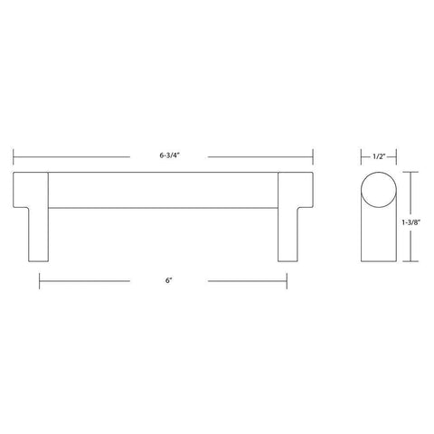 Diagram of Knurled Cabinet Pull In Satin Brass Finish With US4 Stem For Center To Center Mounting Six Inch Size showing dimensions.