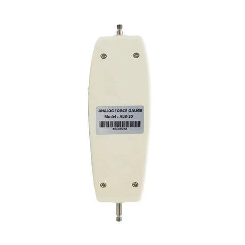 Analog Push Pull Gauge Tension Meter For Dynamometer Style Testing, 300N Capacity, Easy Read Needle, Peak Hold And Continuous Load Modes, Compatible With Test Stands And Clamps, Precise Force Tester For Engineers. White analog force gauge with threaded ends