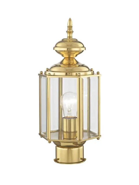 Outdoor Post Lantern 2117-02 with Clear Beveled Glass Shades in Polished Brass, traditional solid brass exterior fixture.