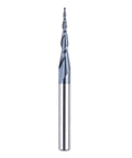 Front view of SpeTool tapered ball nose spiral router bit, 1.0 mm tip, 0.5 mm radius