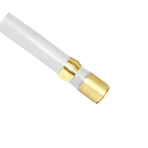 Side view of white 1/2 inch ID plastic tube with brass compression fitting sleeve