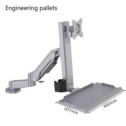 Heavy Duty Dual Monitor Arm With Gas Spring Height Adjustment featuring a swivel desk mount and ergonomic keyboard tray in silver.