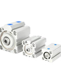 Front view of three ZZAYGESY pneumatic SDA cylinders (AirTac style, compact aluminum bodies) with blue ports