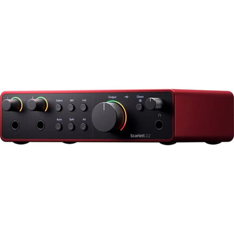 Scarlett 2i2 USB-C Audio Interface 4th Gen Bundle With front panel controls and elegant red casing for home studio use.