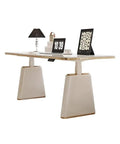 Smooth Rise Electric Sit Stand Desk With Four Memory Presets And A Sleek Slate Surface For A Top Tier Home Office Setup. Sleek design with beige legs.