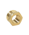 Brass hex reducing pipe fitting, 1/4 in NPT male to 1/2 in NPT female, close-up, pair