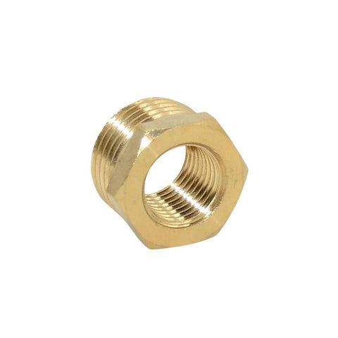 Brass hex reducing pipe fitting, 1/4 in NPT male to 1/2 in NPT female, close-up, pair