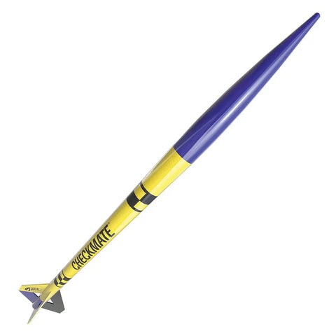 Checkmate Advanced Two Stage Flying Rocket Model Kit For Ages 10 And Up with yellow and blue decals on rocket body