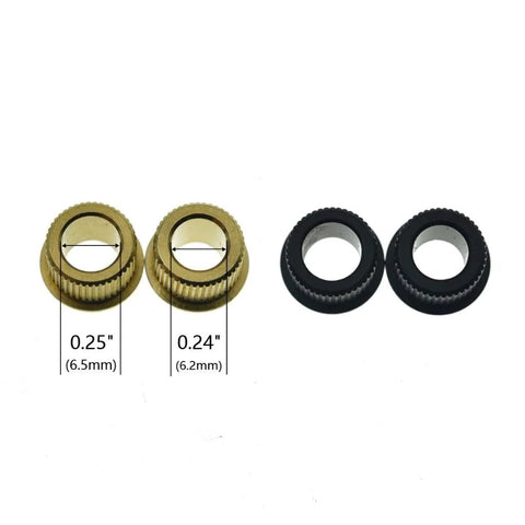 Guitar tuner conversion bushings and ferrules: two knurled brass bushings (6.5/6.2mm ID) and two black rings