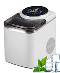 Countertop Ice Maker Machine Featuring Snappy Touchscreen Interface Hassle Free Producing Sixteen Clear Cubes In Just Twelve Minutes Bar Ready Portable Chiller For Home Bars with clear ice cubes beside it.