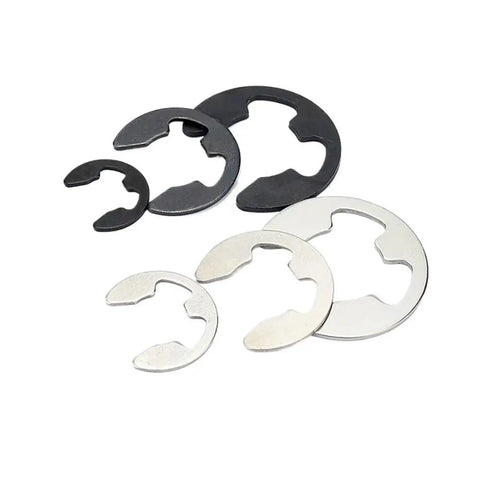 Check Out These Super Cool 65Mn Black Steel E-Clip Circlips In 10 To 100 Pack Sizes with various sizes and colors for shaft retaining.